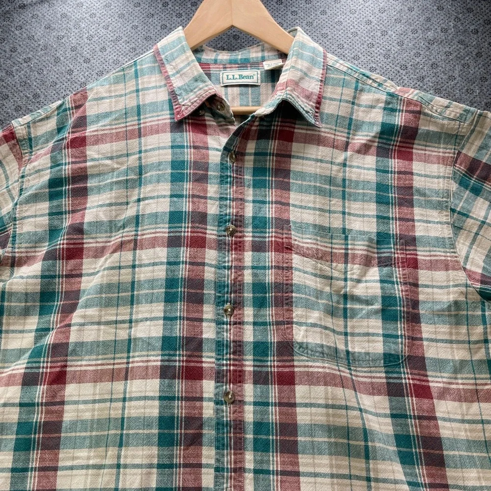 Vintage LL Bean Mens XL Linen Cotton Plaid Shirt Teal Burgundy Long Sleeve
